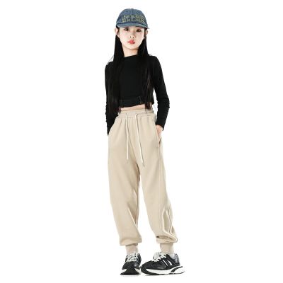 MINI PANDA Girl's Lightweight Drawstring Sweatpants Jogger Pants with Pockets,360 Grams of Soft 100% Cotton Jogging Pants,Medium Thickness Beige