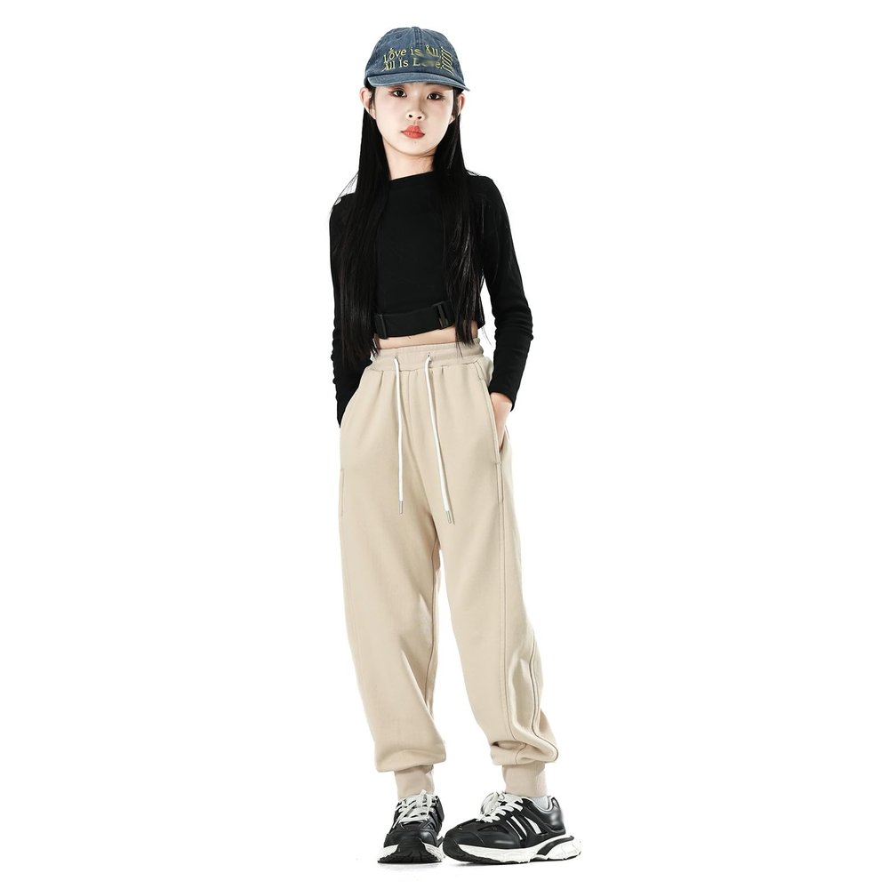 MINI PANDA Girl's Lightweight Drawstring Sweatpants Jogger Pants with Pockets,360 Grams of Soft 100% Cotton Jogging Pants,Medium Thickness Beige