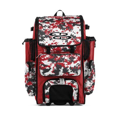 Boombah Rolling Superpack Baseball/Softball Gear Bag - BRSP2CMC23 Digital Camo Red/Charcoal - Telescopic Handle - Holds 4 Bats - Wheeled Version