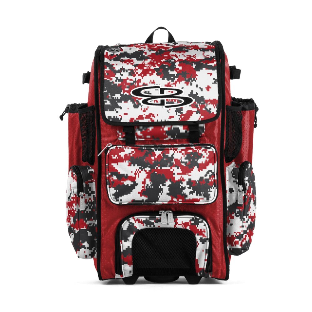 Boombah Rolling Superpack Baseball/Softball Gear Bag - BRSP2CMC23 Digital Camo Red/Charcoal - Telescopic Handle - Holds 4 Bats - Wheeled Version