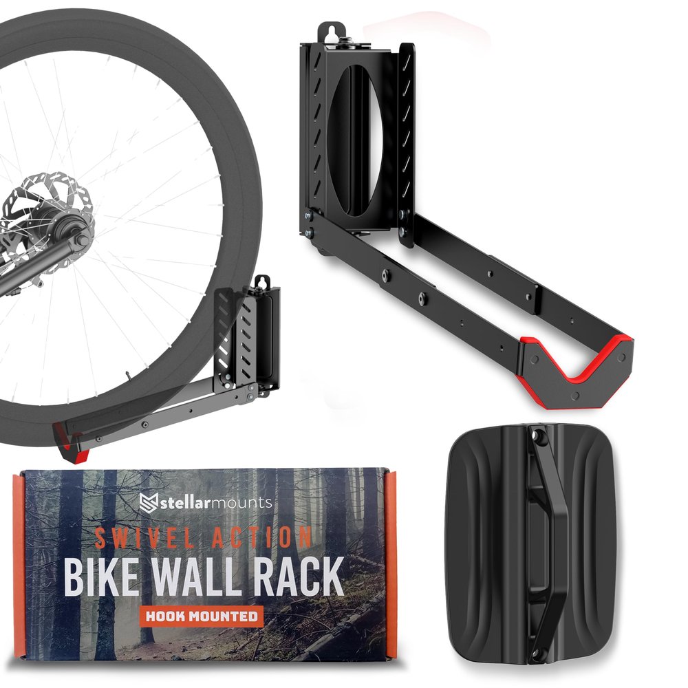 Heavy Duty Swivel Bike Wall Mount Bracket - Holds Up to 77 lbs - Adjustable Slotted Wheel Bay - Premium Materials - Folds Up When Not In Use - Hangs on any wall Indoor/Outdoor, Black/Red