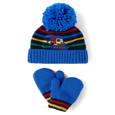 The Children's Place,Unisex Baby,and Toddler Winter Hat and Mittens Cold Weather Set,Blue Truck Set,4 Years,5 Years