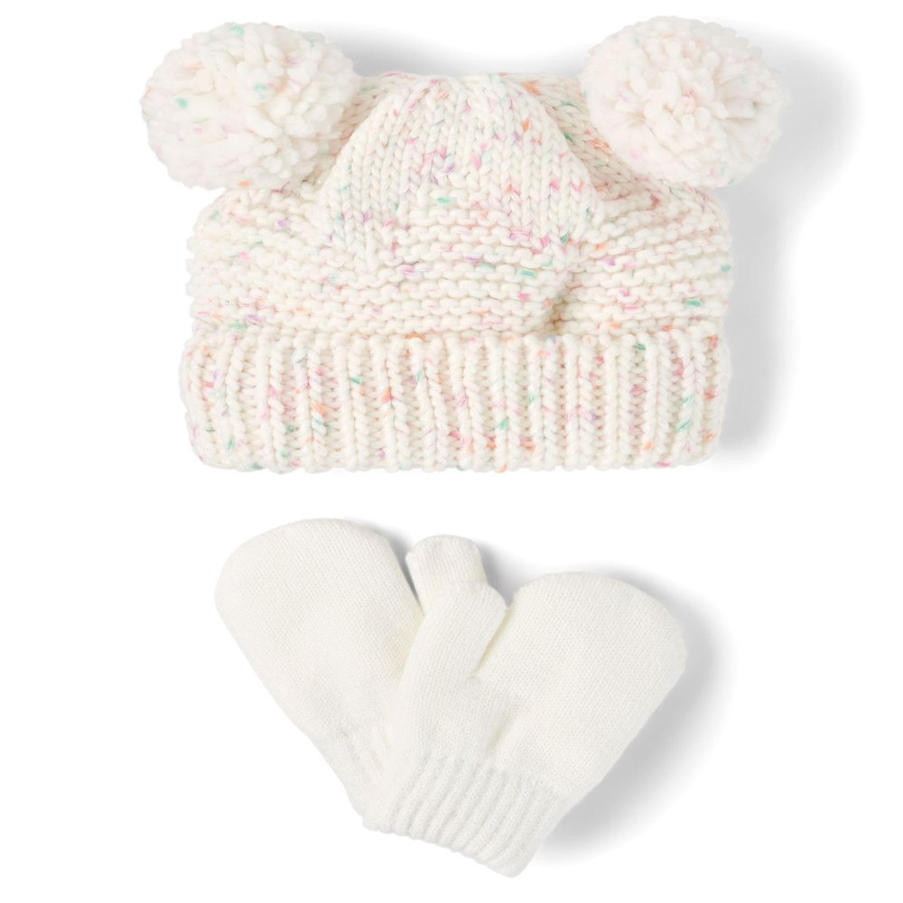 The Children's Place,Unisex Baby,and Toddler Winter Hat and Mittens Cold Weather Set,Pink Multi Pom Set,4 Years,5 Years