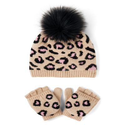 The Children's Place,Girls,Winter Hat and Mittens Cold Weather Set,Latte Leopard Set,8 Years,12 Years
