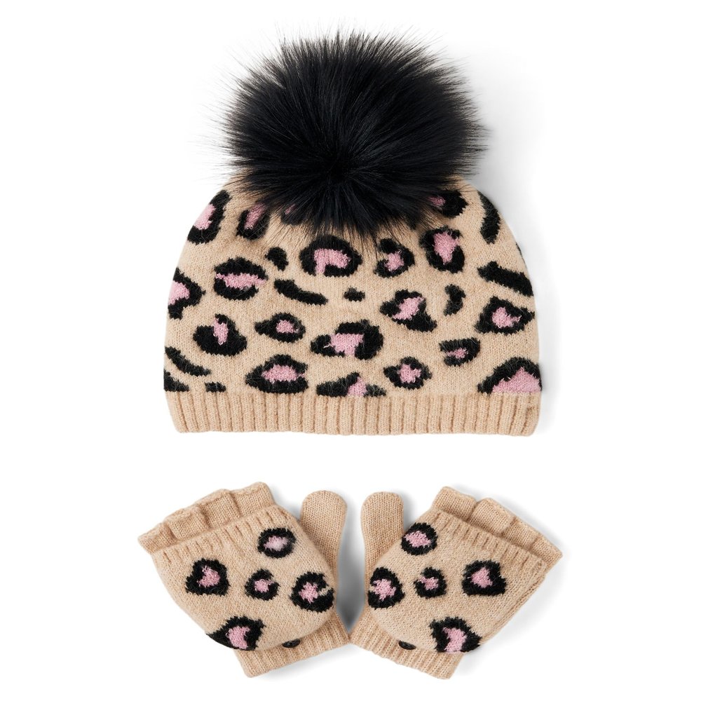 The Children's Place,Girls,Winter Hat and Mittens Cold Weather Set,Latte Leopard Set,8 Years,12 Years