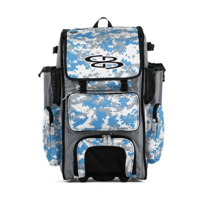 Boombah Rolling Superpack Baseball/Softball Gear Bag - BRSP2CMC23 Digital Camo Gray/Columbia Blue - Telescopic Handle - Holds 4 Bats - Wheeled Version