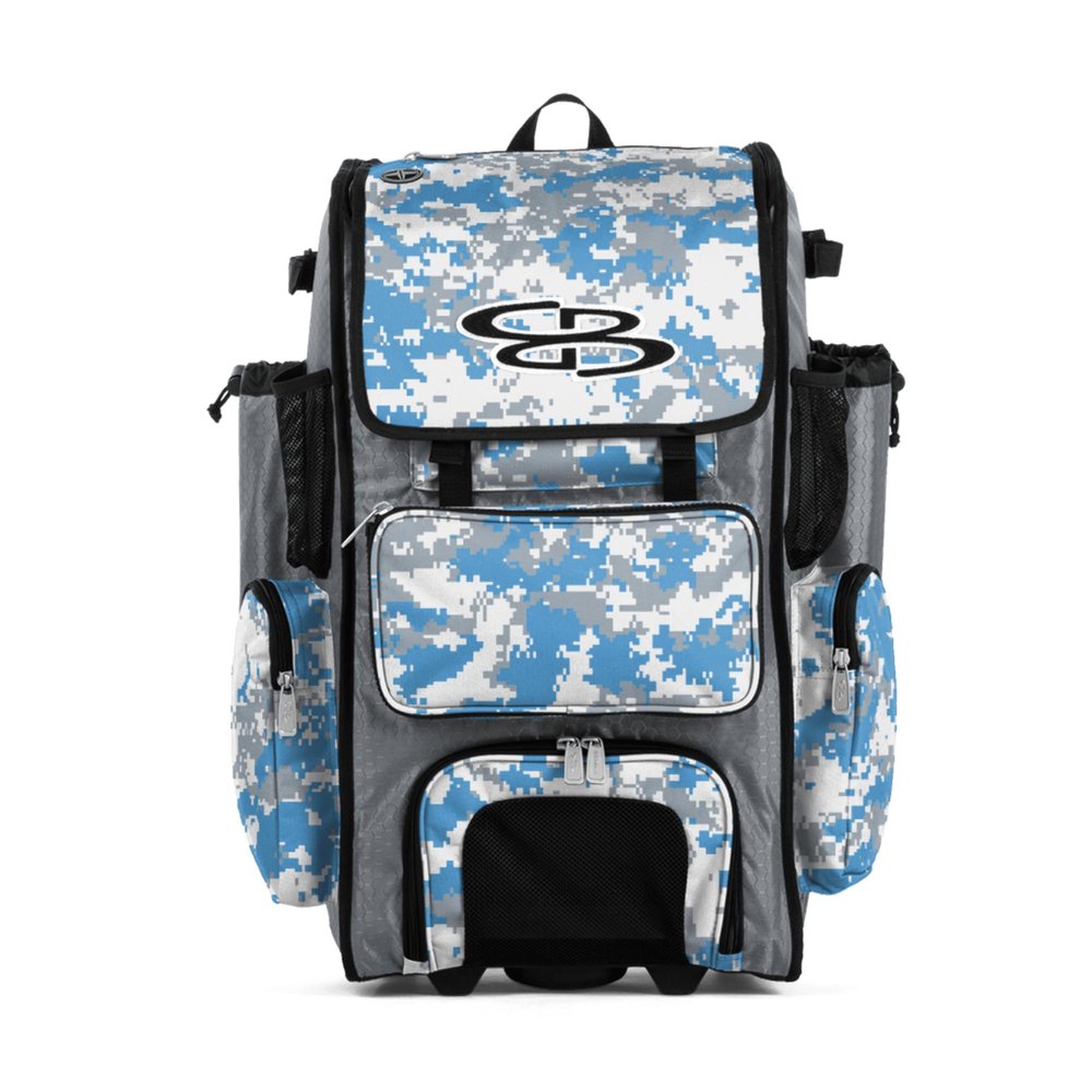 Boombah Rolling Superpack Baseball/Softball Gear Bag - BRSP2CMC23 Digital Camo Gray/Columbia Blue - Telescopic Handle - Holds 4 Bats - Wheeled Version