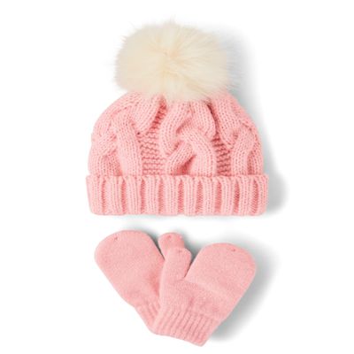The Children's Place,Unisex Baby,and Toddler Winter Hat and Mittens Cold Weather Set,Fuzzy Pink Cable Set,12 Months,24 Months