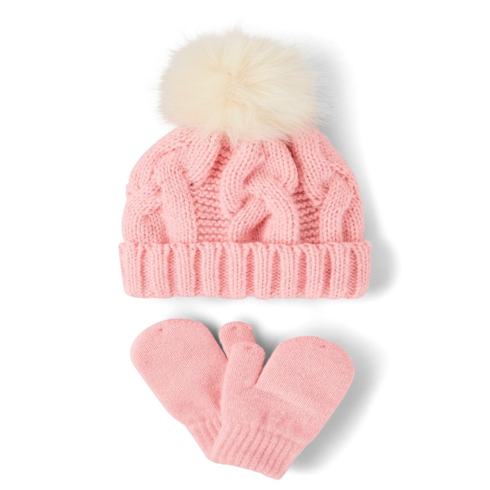 The Children's Place,Unisex Baby,and Toddler Winter Hat and Mittens Cold Weather Set,Fuzzy Pink Cable Set,12 Months,24 Months