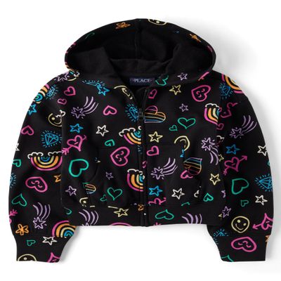The Children's Place,Girls,Long Sleeve Active Hooded Fleece Full Zip Up,Rainbow Doodle,Large