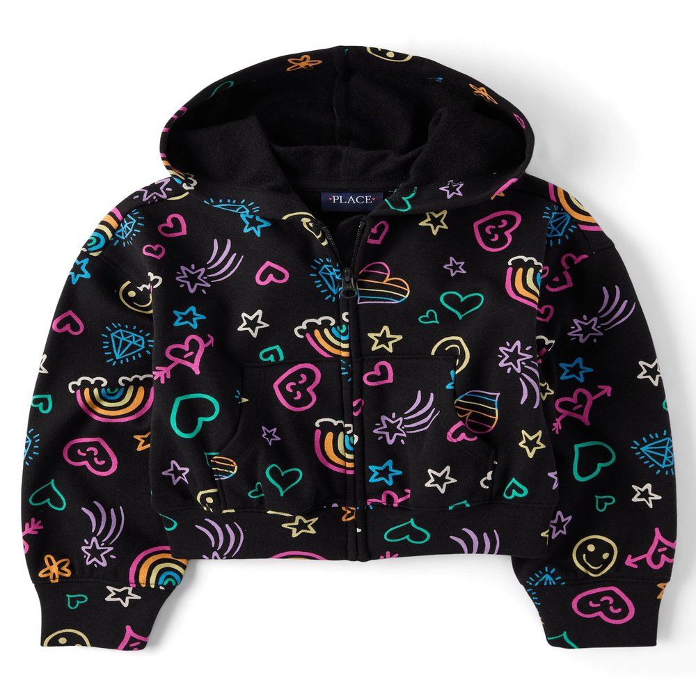 The Children's Place,Girls,Long Sleeve Active Hooded Fleece Full Zip Up,Rainbow Doodle,Large