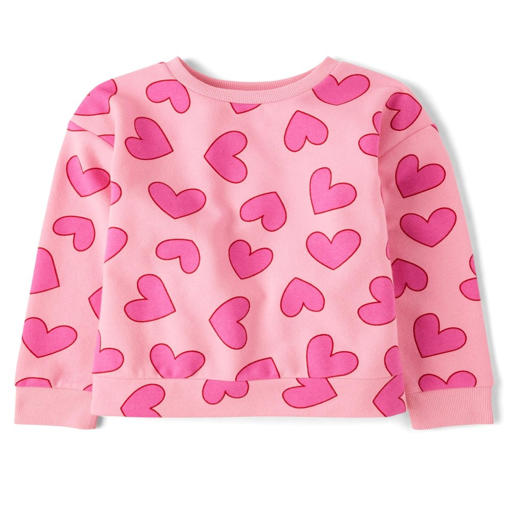 The Children's Place Girls' Long Sleeve Crew Neck Pullover Sweater, Pink Hearts