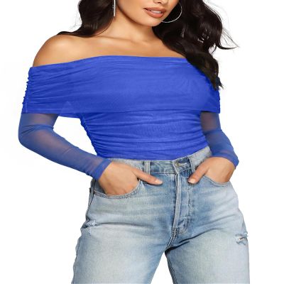 SAUNGKUAI Women's Off The Shoulder Long Sleeve Bodysuit Sexy Slimming Body Suit Tops Sheer Mesh Ruched Fall Outfits 2026 Deepblue XL