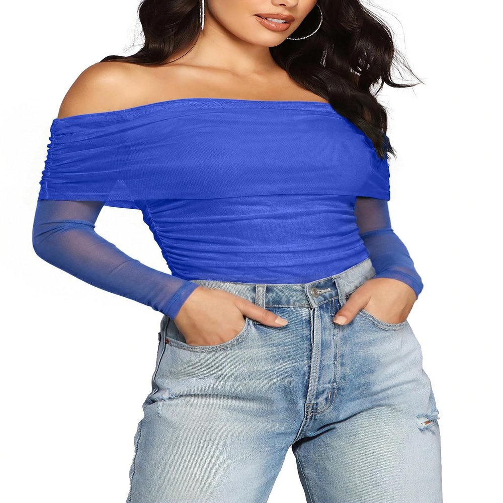 SAUNGKUAI Women's Off The Shoulder Long Sleeve Bodysuit Sexy Slimming Body Suit Tops Sheer Mesh Ruched Fall Outfits 2026 Deepblue XL