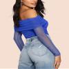 SAUNGKUAI Women's Off The Shoulder Long Sleeve Bodysuit Sexy Slimming Body Suit Tops Sheer Mesh Ruched Fall Outfits 2026 Deepblue XL view 4