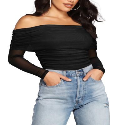 SAUNGKUAI Women's Off The Shoulder Long Sleeve Bodysuit Sexy Slimming Body Suit Tops Sheer Mesh Ruched Fall Outfits 2026 Black XXL