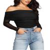 SAUNGKUAI Women's Off The Shoulder Long Sleeve Bodysuit Sexy Slimming Body Suit Tops Sheer Mesh Ruched Fall Outfits 2026 Black XXL view 1