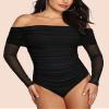 SAUNGKUAI Women's Off The Shoulder Long Sleeve Bodysuit Sexy Slimming Body Suit Tops Sheer Mesh Ruched Fall Outfits 2026 Black XXL view 2