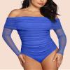 SAUNGKUAI Women's Off The Shoulder Long Sleeve Bodysuit Sexy Slimming Body Suit Tops Sheer Mesh Ruched Fall Outfits 2026 Deepblue M view 2