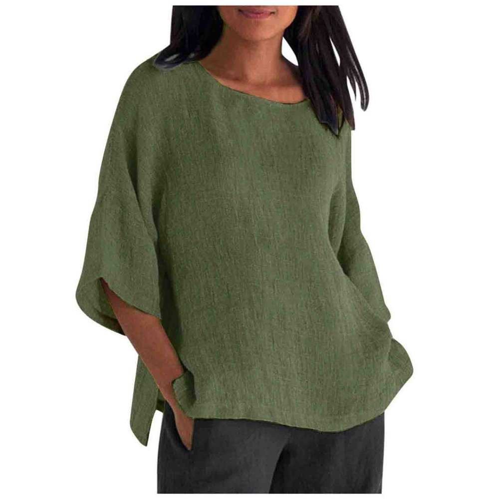 slqdgmryz Linen Tops for Women 3/4 Sleeve Plus Size Crew Neck T Shirts Loose Fit Three Quarter Length Dressy Blouses Summer Shirts for Women 2025 3/4 Length Sleeve Womens Tops