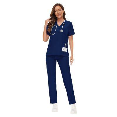 VIAOLI Scrubs for Women with Modern V-Neck Top & Straight Pants Scrubs Set - Athletic Nursing Uniform Workwear (Navy Blue,M,Medium)
