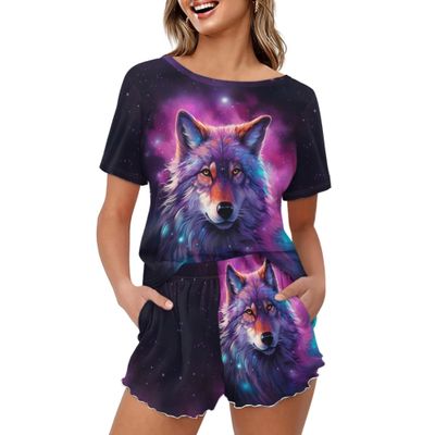 Xhuibop Galaxy Wolf Women Pajamas Set of 2 Star Short Sleeve T-Shirts Shorts Jumpsuit Sleepwear Size L Nightwear Home Summer Pajamas Suit for Women