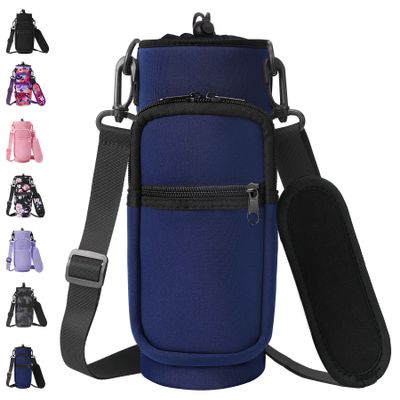 AceTreker 32 oz 40 oz Water Bottle Holder with Strap, Sport Water Bottle Sleeve with 2 Pockets, Neoprene Metal Thermo Bottle Sling Bag for Walking, Hiking, Camping-Navy