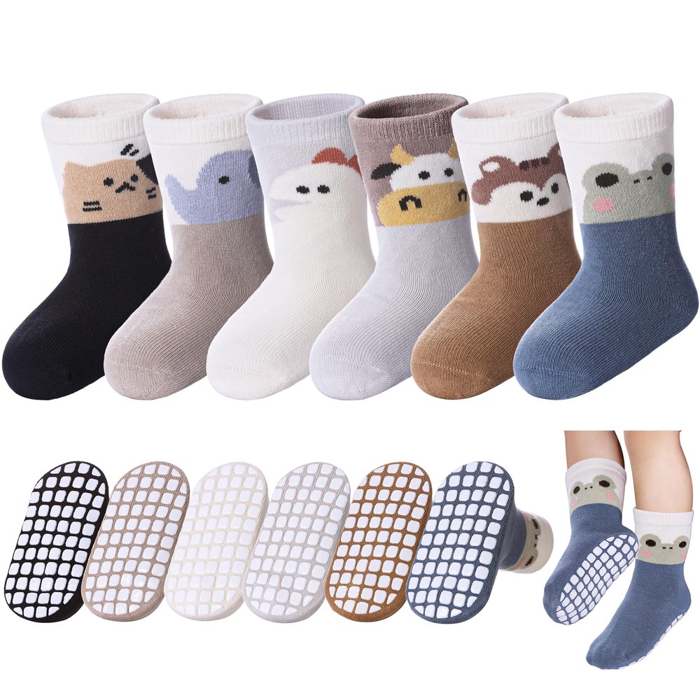 DOSKONI Baby Toddlers Non Slip Socks with Grippers Cotton Crew Gift Grips Socks for Kids Boys Girls 6 Pairs Animal B, 6-12 Months