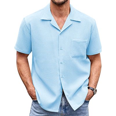 Men's Summer Knit Shirts Fashion Casual Short Sleeve Button Down Shirts Lightweight Breathable Beach Tops (Light Blue,X-Large)