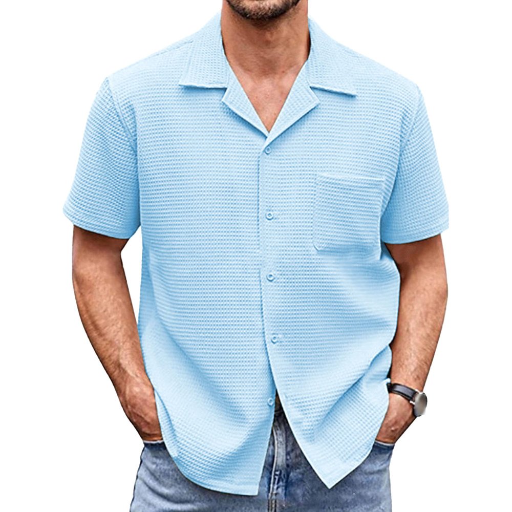 Men's Summer Knit Shirts Fashion Casual Short Sleeve Button Down Shirts Lightweight Breathable Beach Tops (Light Blue,X-Large)