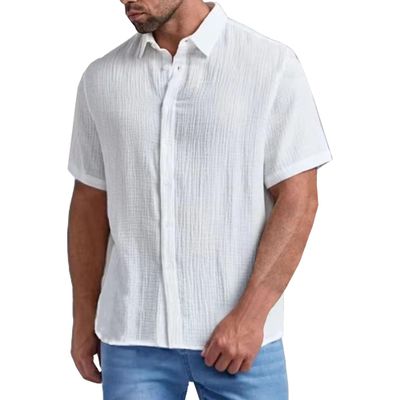 Men's Casual Button Down Shirts Stylish Short Sleeve Striped Shirts Lightweight Breathable Summer Shirt (White,Large)