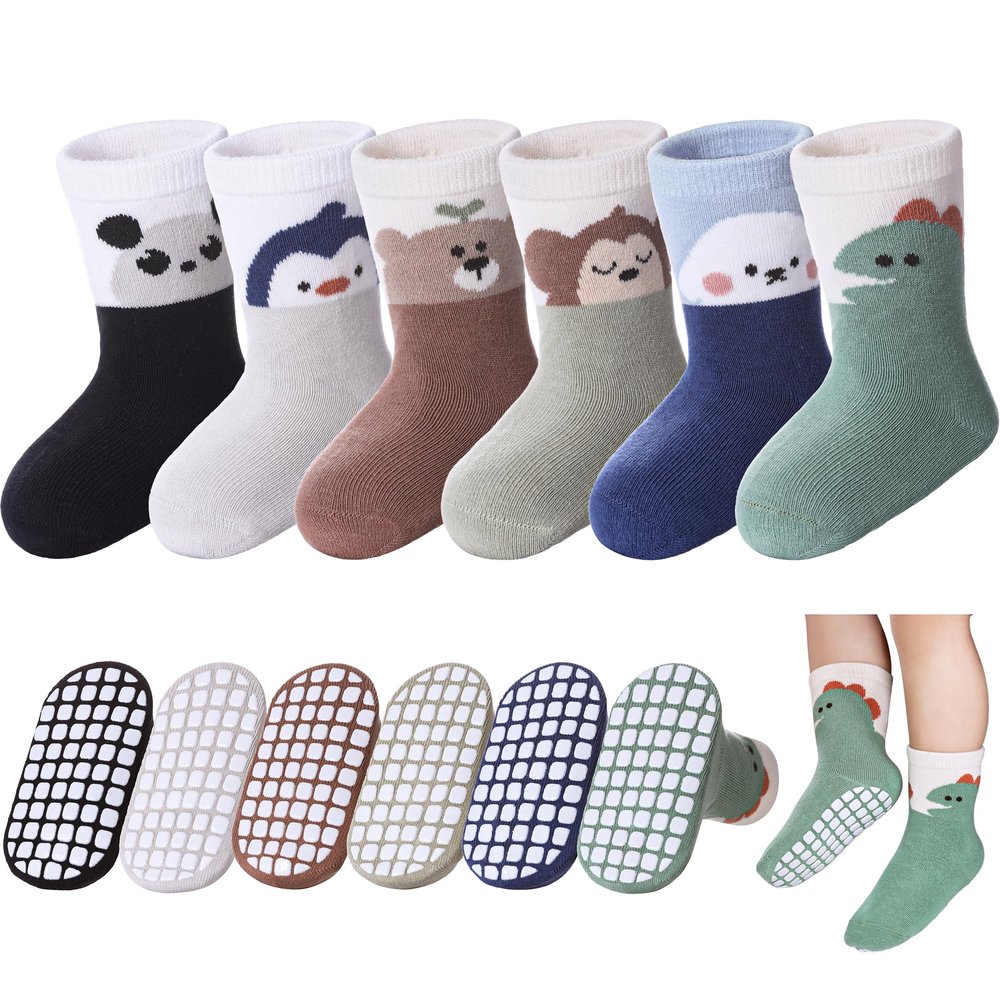 DOSKONI Baby Toddlers Non Slip Socks with Grippers Cotton Crew Gift Grips Socks for Kids Boys Girls 6 Pairs Animal A, 3-5 Year Old