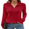 Romanstii Knitted Collared Sweaters for Women Fashion Long Sleeve V Neck Polo Shirts Winter Pullover Tops,Red,L view 1