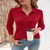 Romanstii Knitted Collared Sweaters for Women Fashion Long Sleeve V Neck Polo Shirts Winter Pullover Tops,Red,L view 2