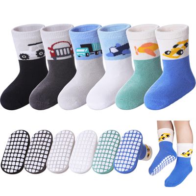 DOSKONI Baby Toddlers Non Slip Socks with Grippers Cotton Crew Gift Grips Socks for Kids Boys Girls 6 Pairs Car, 6-12 Months