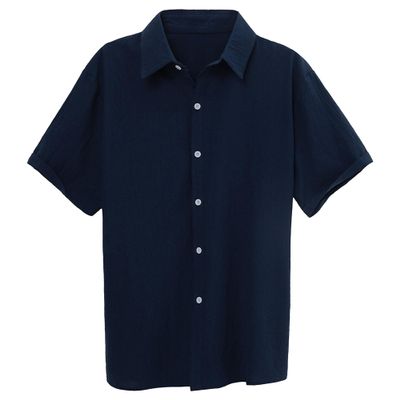 Maiyifu-GJ Men's Summer Cotton Linen Shirts Button Down Short Sleeve Shirts Lightweight Casual Business Dress Shirt (Dark Blue,Small)