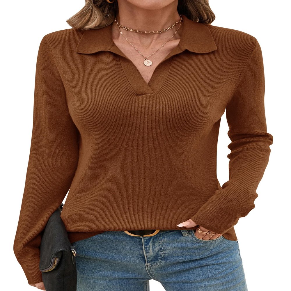 Romanstii Women's Polo Sweater Lightweight Knitwear V Neck Long Sleeves Winter Pullover Tops,Caramel Color,XL