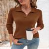 Romanstii Women's Polo Sweater Lightweight Knitwear V Neck Long Sleeves Winter Pullover Tops,Caramel Color,XL view 2