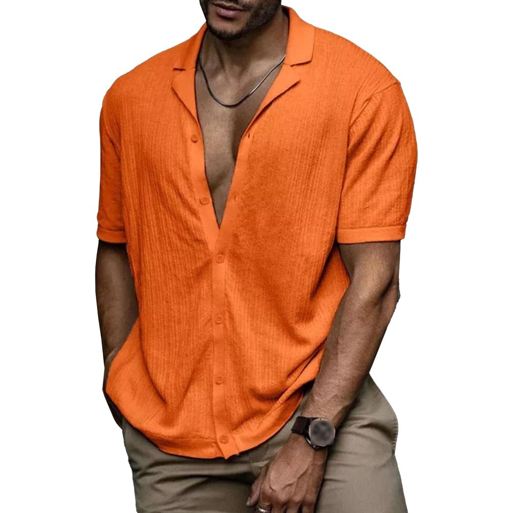 Short Sleeve Button Down Shirts for Men Summer Casual Cotton Linen Shirts Lightweight Breathable Beach Tops (Orange,Medium)