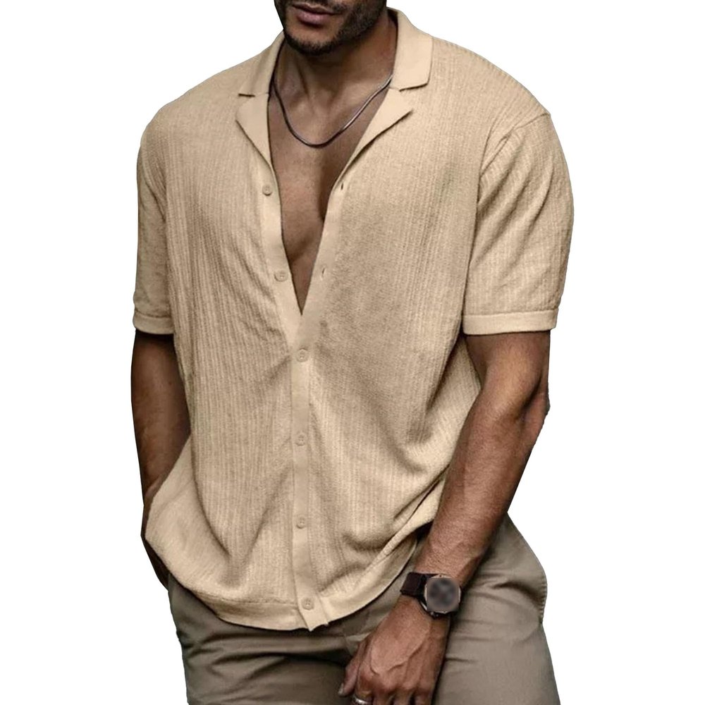 Short Sleeve Button Down Shirts for Men Summer Casual Cotton Linen Shirts Lightweight Breathable Beach Tops (Khaki,Small)