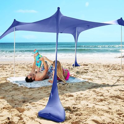 Pop Up Beach Tent Sun Shelter UPF50+ with Sand Shovel, Ground Pegs and Stability Poles, Outdoor Shade for Camping Trips, Fishing, Backyard Fun or Picnics (Royal Blue 7x7.5 FT 4 Pole)
