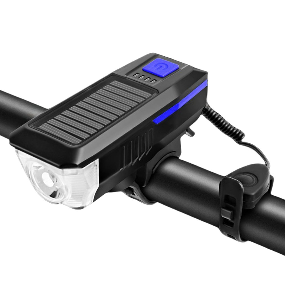 Bike Horn Headlight Solar/USB Dual Charging Bike Horn Light High Brightness Bike Headlight Waterproof Bike Horn Light Ideal for Mountain and Road Night Riding Essential Gear for Night Cycling (Blue)