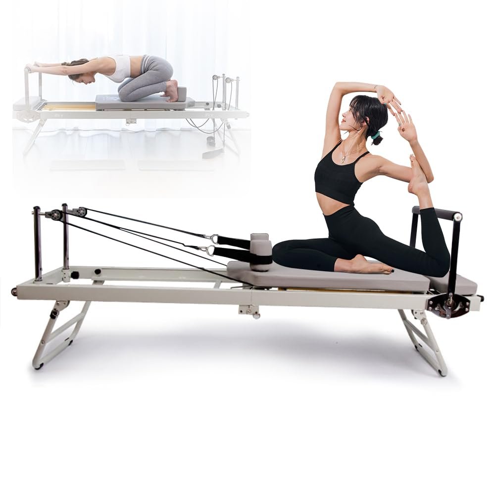 PQGKOBR Pilates Reformer Machine Home Indoor Workout Machine,Foldable Pilates Reformer Equipment,Multifunctional Pilates Reformer,Suitable for Beginners and Intermediate Users