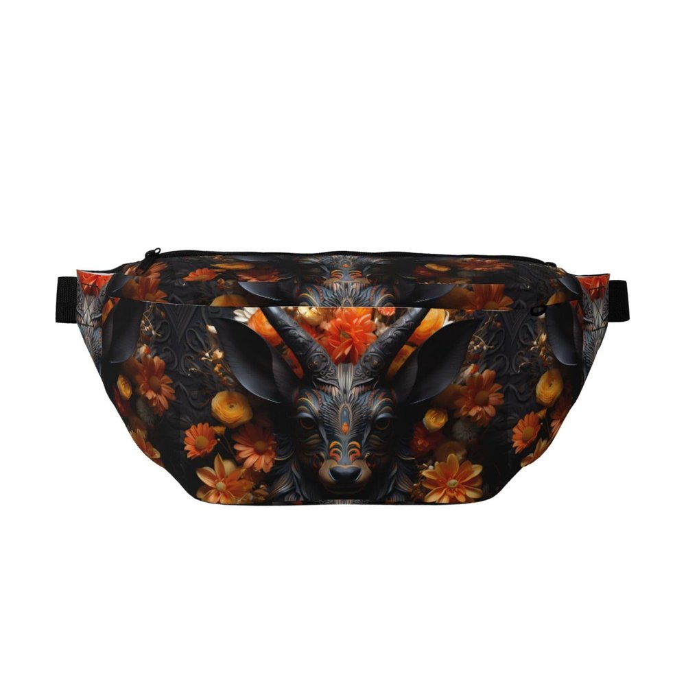Black Antelope With Flowers Crossbody Waist Bag.Large Capacity, Waterproof And Dustproof, Secure Zipper, Suitable For Travel And Outdoor Activities.