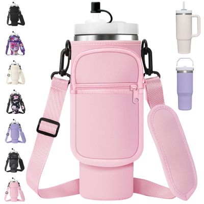 AceTreker Water Bottle Sleeve Bag with Strap for Stanley 30 oz 40 oz Tumbler with Handle, Insulated Travel Cup Sling Holder for Stanley Cup Accessories with Straw Cover-Pink
