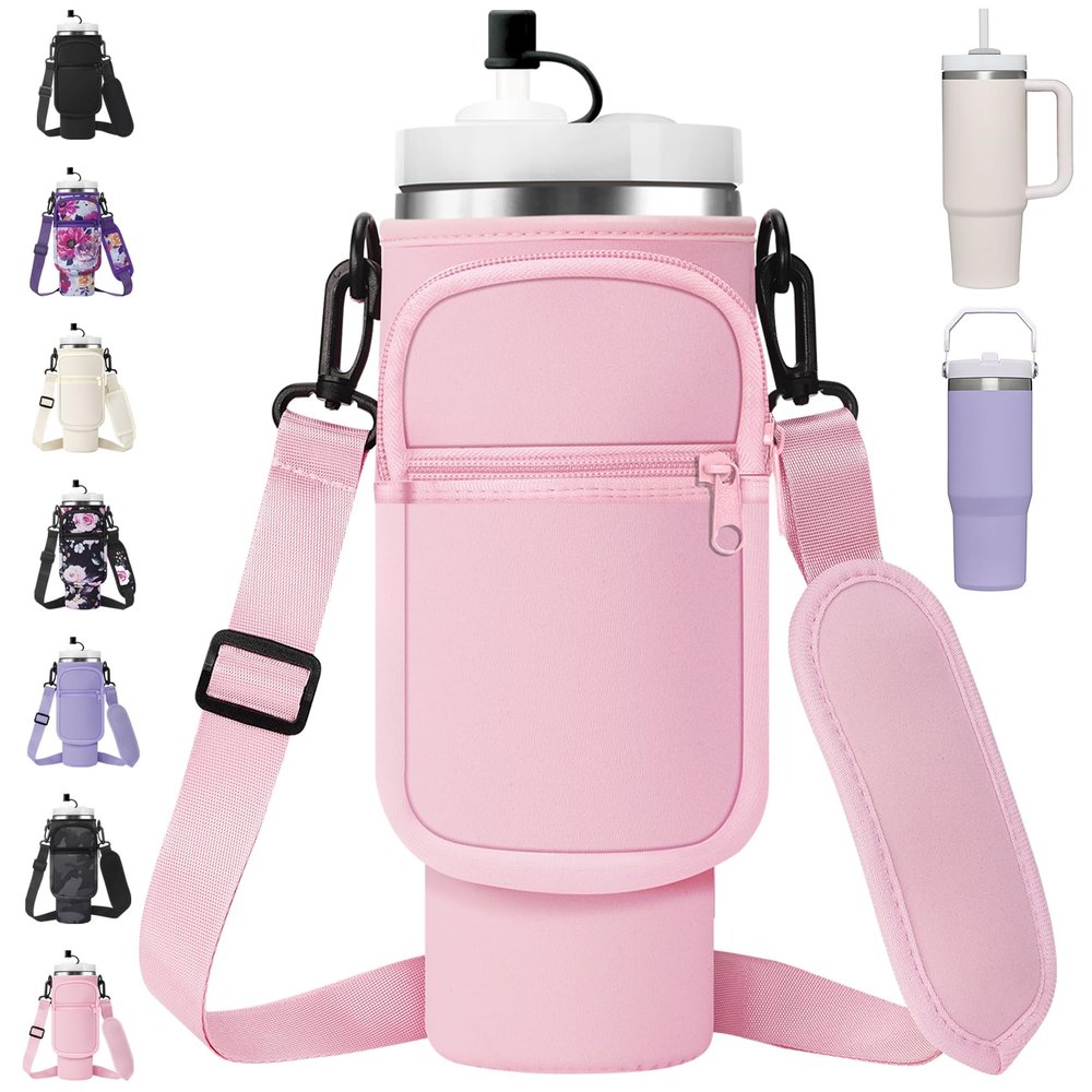 AceTreker Water Bottle Sleeve Bag with Strap for Stanley 30 oz 40 oz Tumbler with Handle, Insulated Travel Cup Sling Holder for Stanley Cup Accessories with Straw Cover-Pink