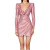 NineFit Basics Women'S Deep V Neck Long Sleeve Ruched Sparkly Bodycon Sexy Mesh Glitter Short Dress Party Club Mini Dresses (Medium,Pink) view 1