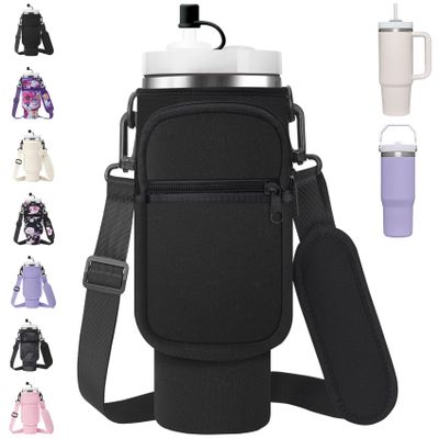 AceTreker Water Bottle Carrier Bag for Stanley 30/40oz Tumbler with Handle, Simple Modern Sling Holder with Strap & 2 Pockets Neoprene Metal Water Bottle Carrying Accessories-Black