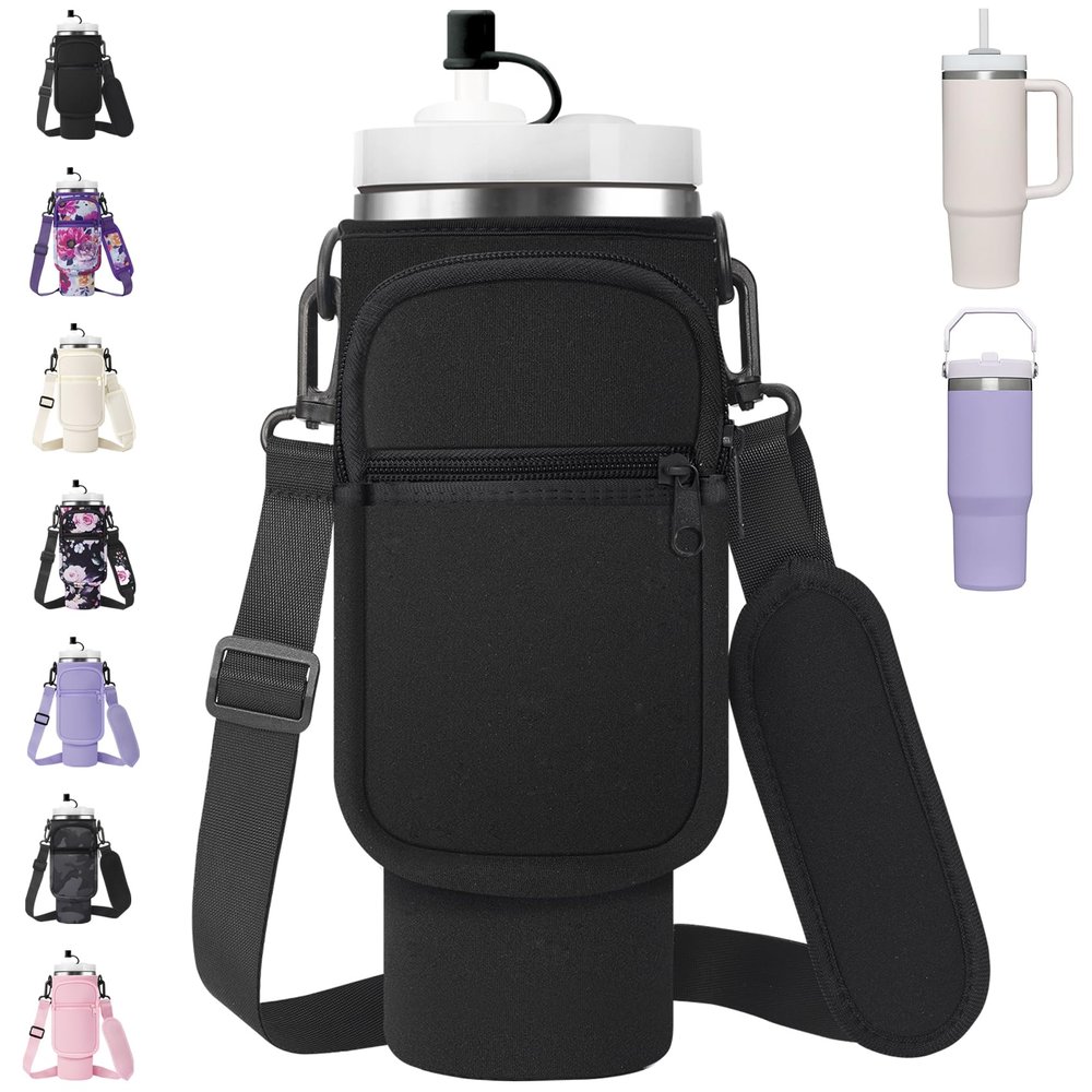 AceTreker Water Bottle Carrier Bag for Stanley 30/40oz Tumbler with Handle, Simple Modern Sling Holder with Strap & 2 Pockets Neoprene Metal Water Bottle Carrying Accessories-Black