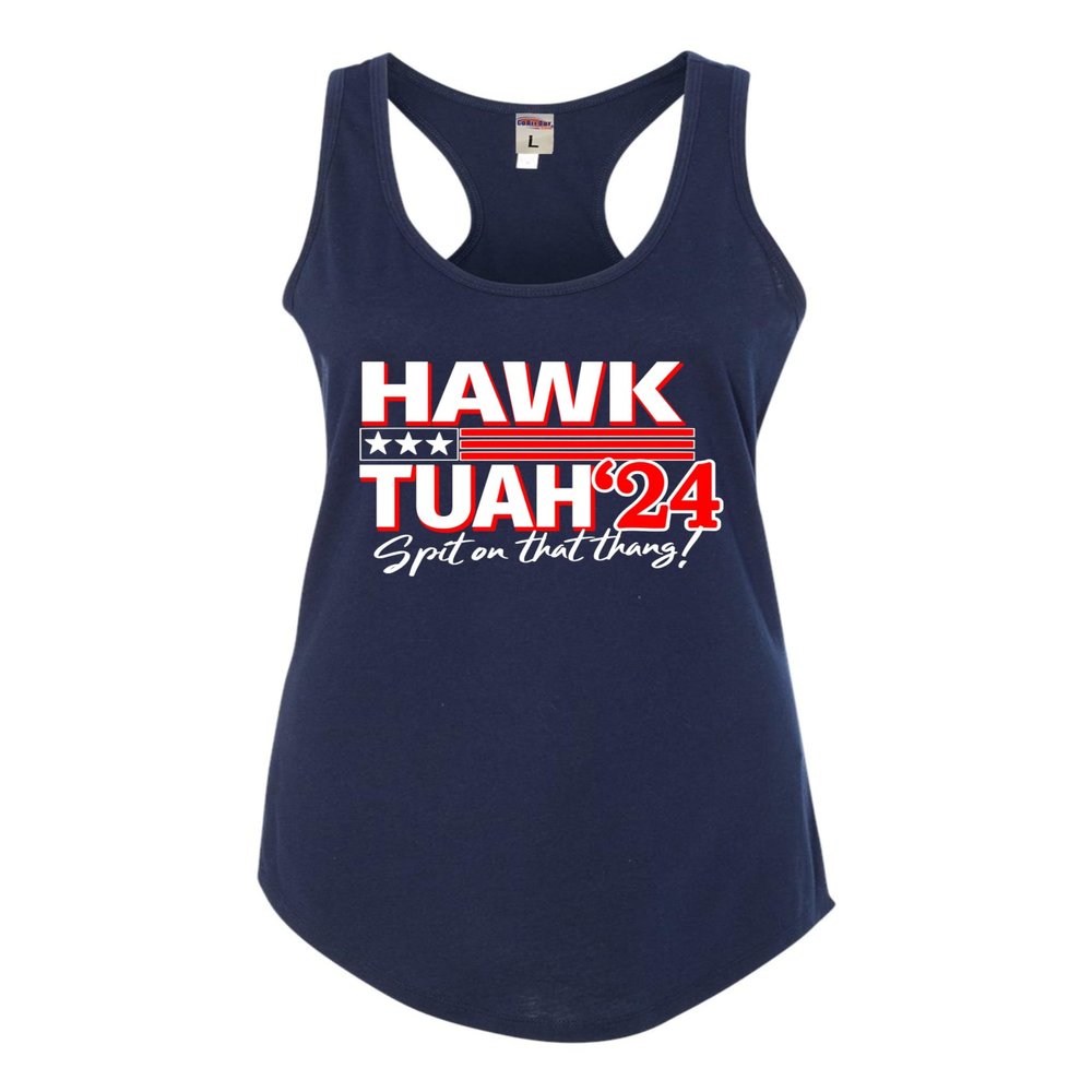 Large Navy Blue Women Fitted Hawk Tuah Spit On That Thang '24 Funny Sleeveless Tank Top T-Shirt